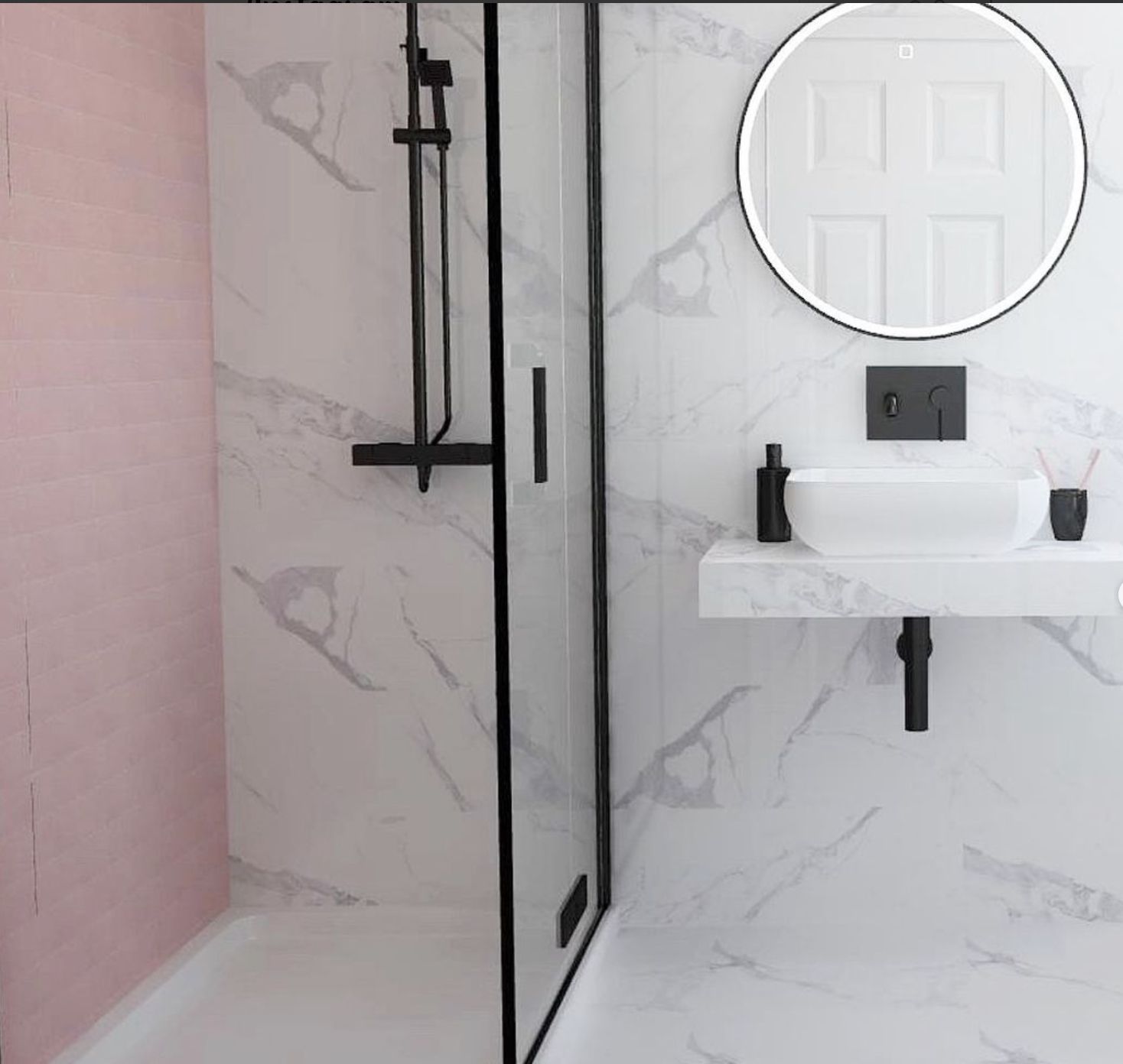 marble bathroom with pink tile shower