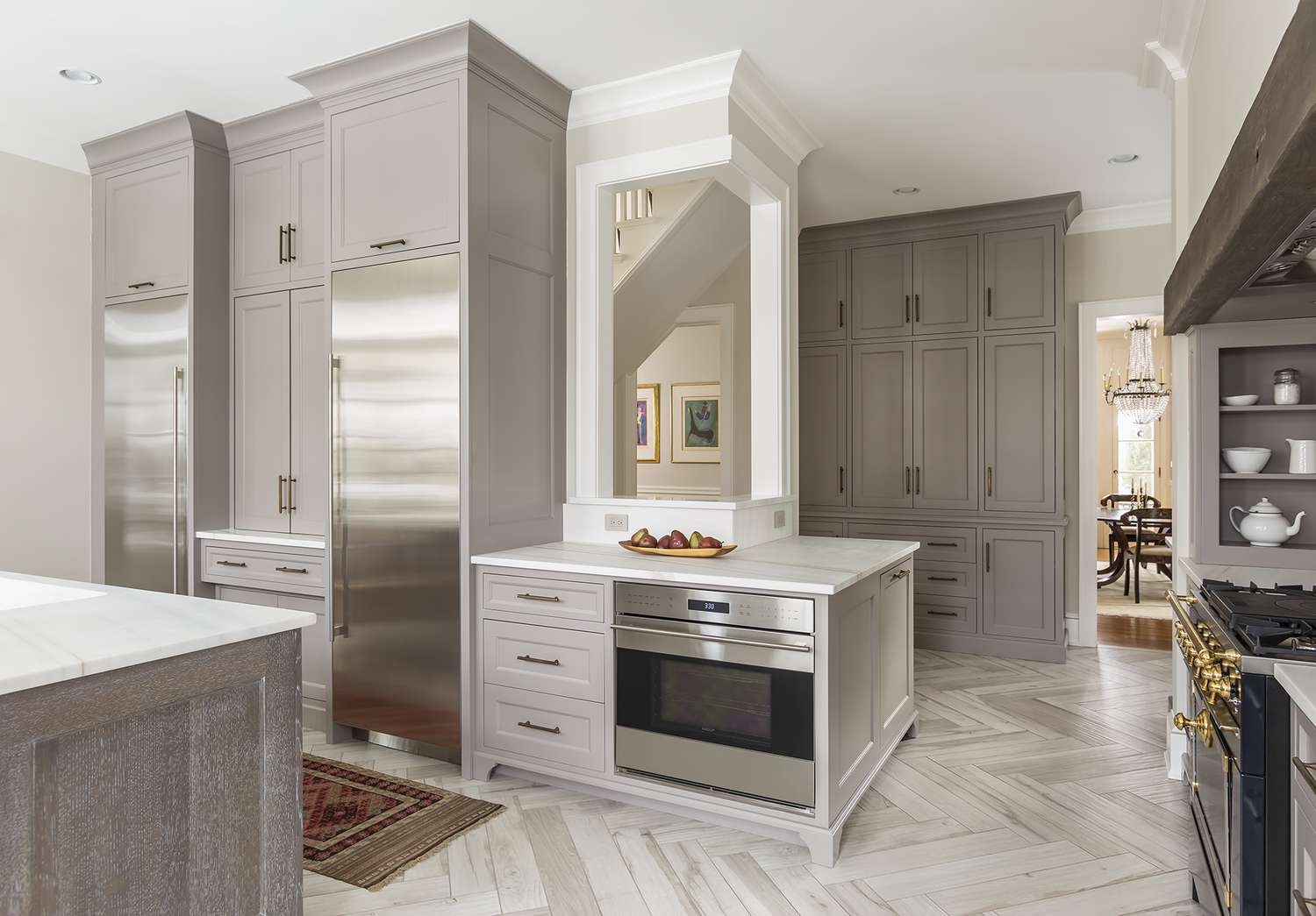 light walls and gray kitchen cabinets in kitchen