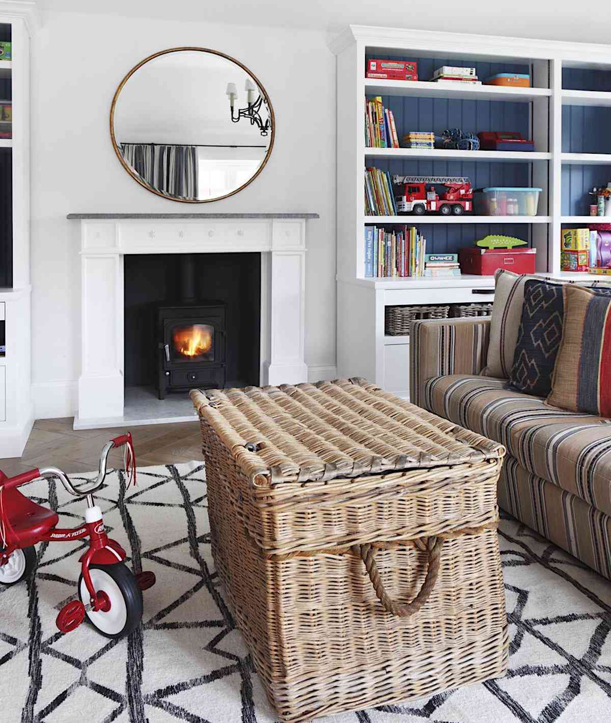 wicker style storage basket used as living room table