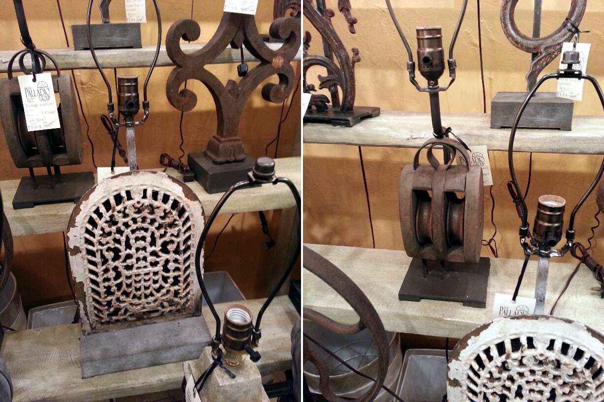 Victorian fireplace cover and rustic barn pulley lamp bases at Market Central, Memphis