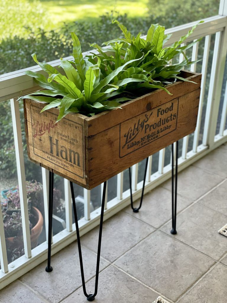 Um suporte para plantas feito de um caixote velho.