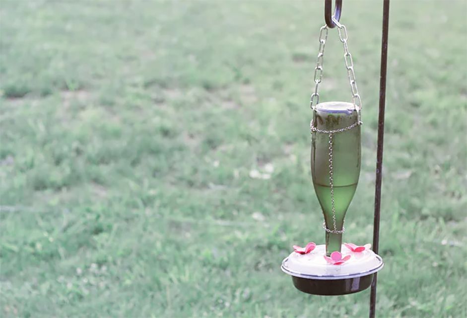 A hanging wine bottle hummingbird feeder