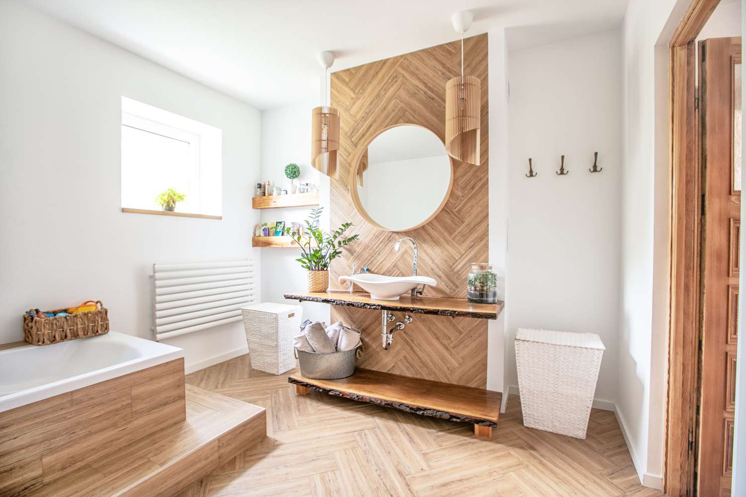 Boho style bathroom interior.