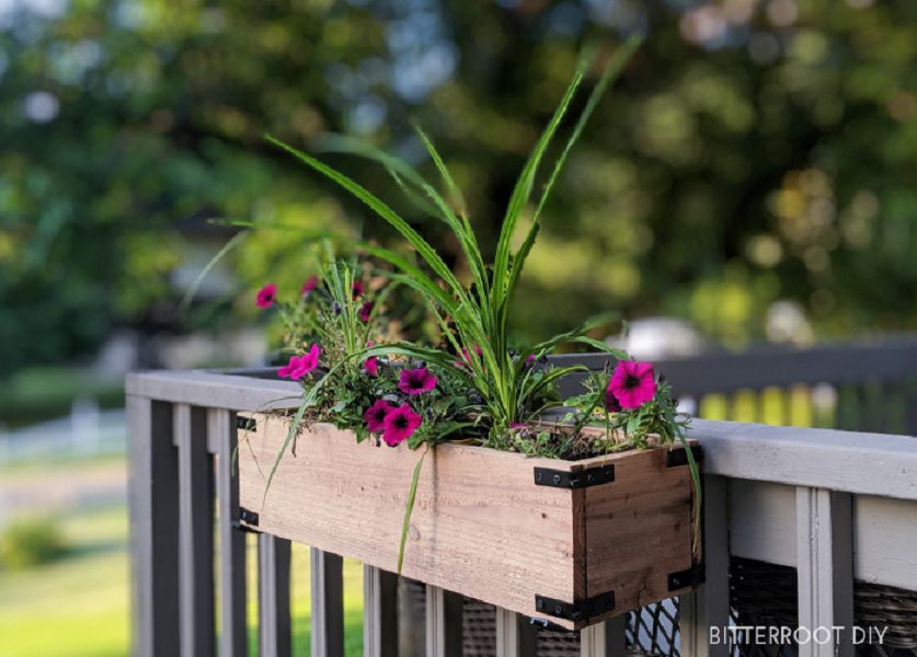 Ein niedlicher Blumenkasten am Geländer einer Terrasse.