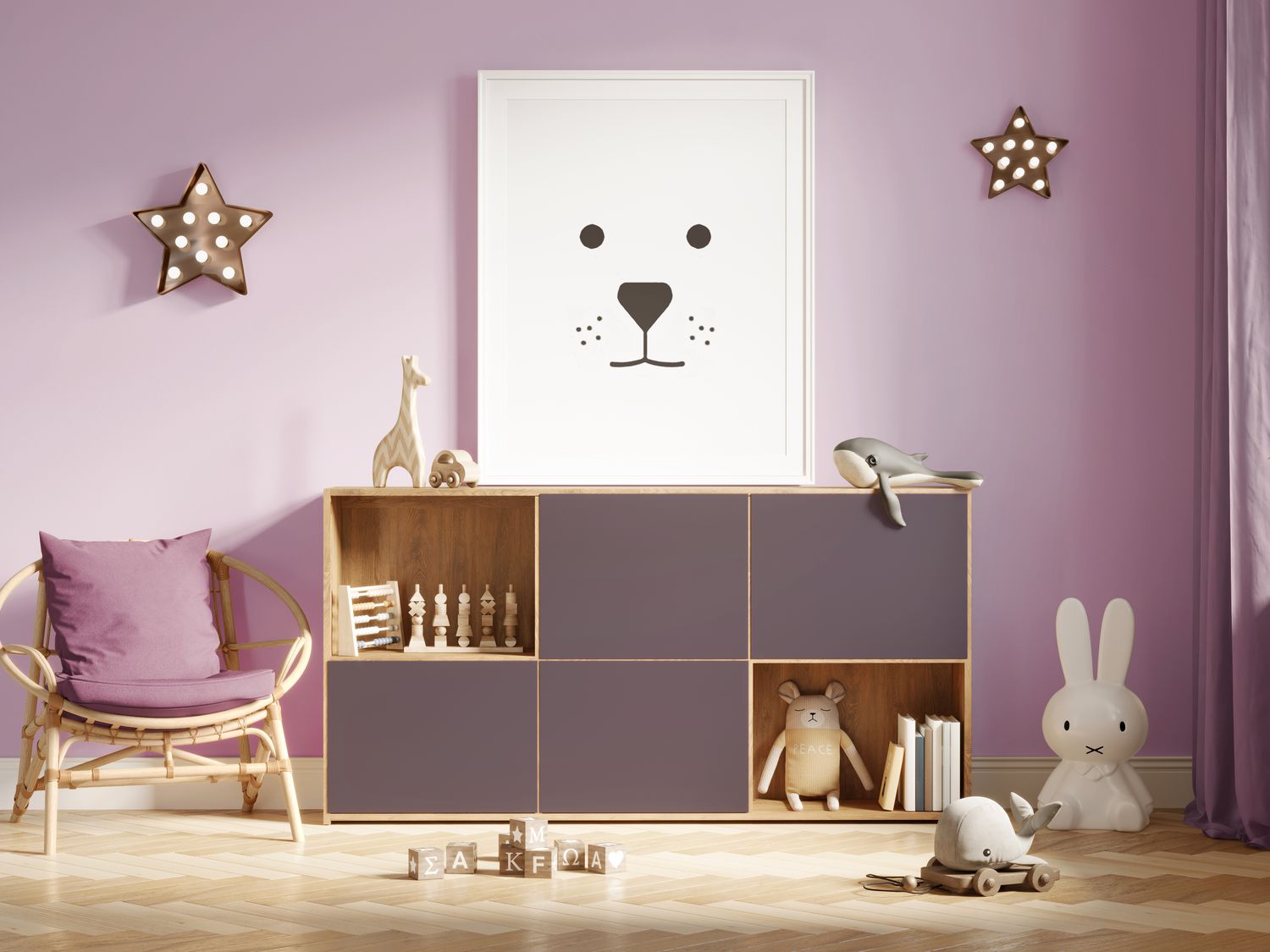 3d Mockup Kinderzimmer Interieur mit einem Rahmen mit minimalem Druck eines Bären und rosa Möbel mit Spielzeug