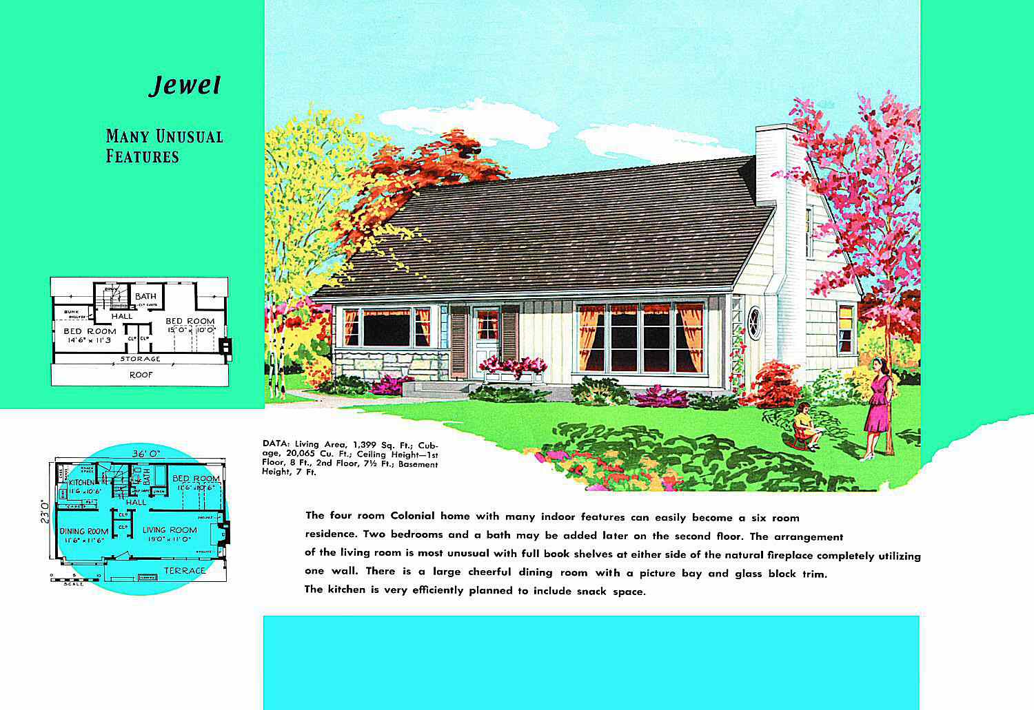 1950er Grundriss und Rendering von Cape Cod Haus namens Jewel