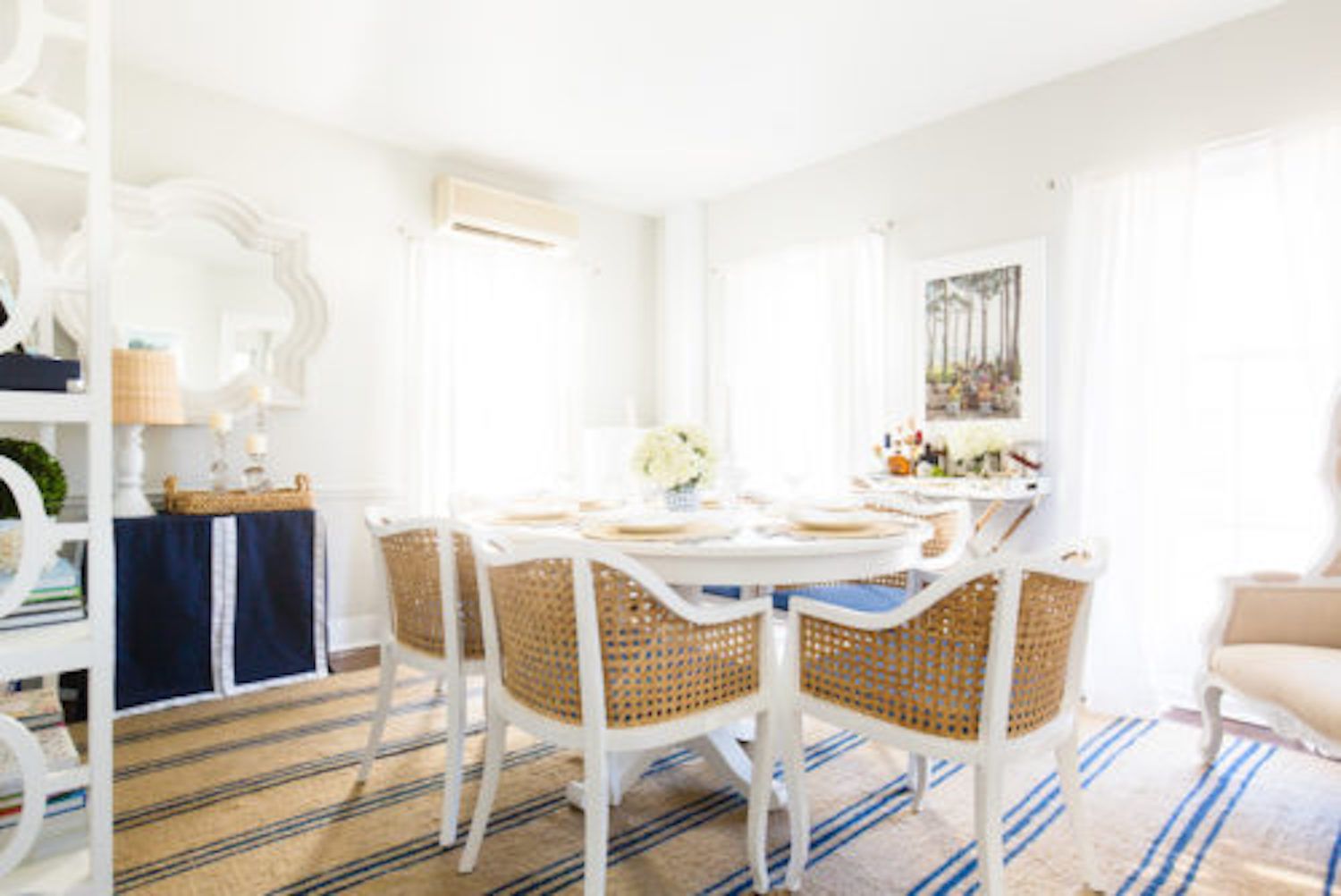 preppy coastal dining room blue and white
