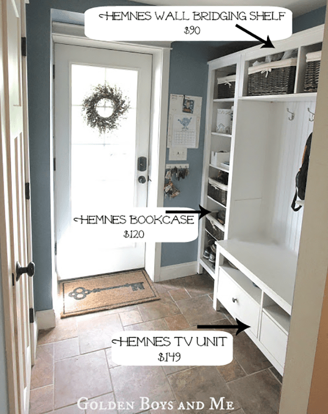 Mudroom storage with bookcase