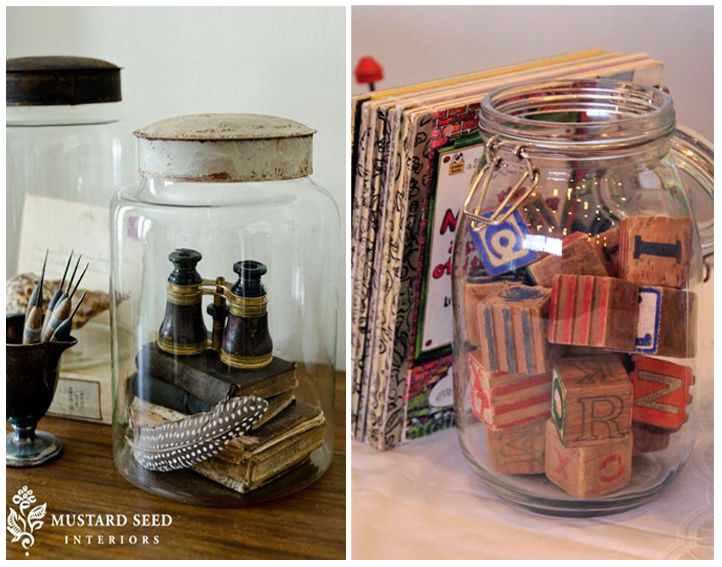 Vintage collections displayed in jars