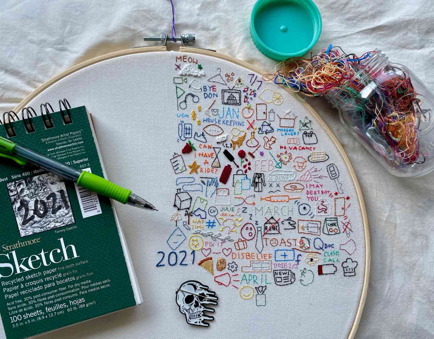 Embroidery journaling set-up with sketchbook 