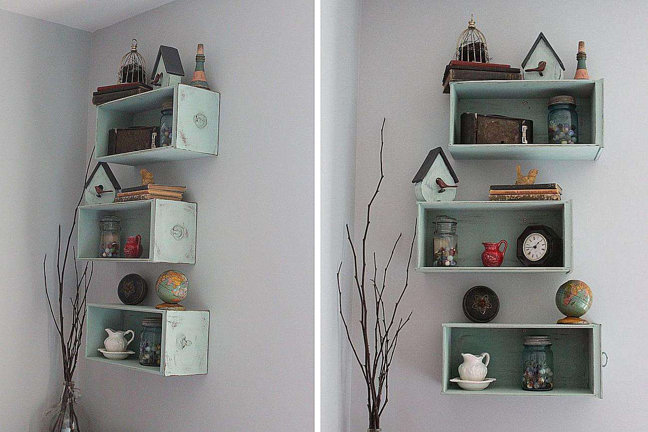 drawers hung as wall shelves