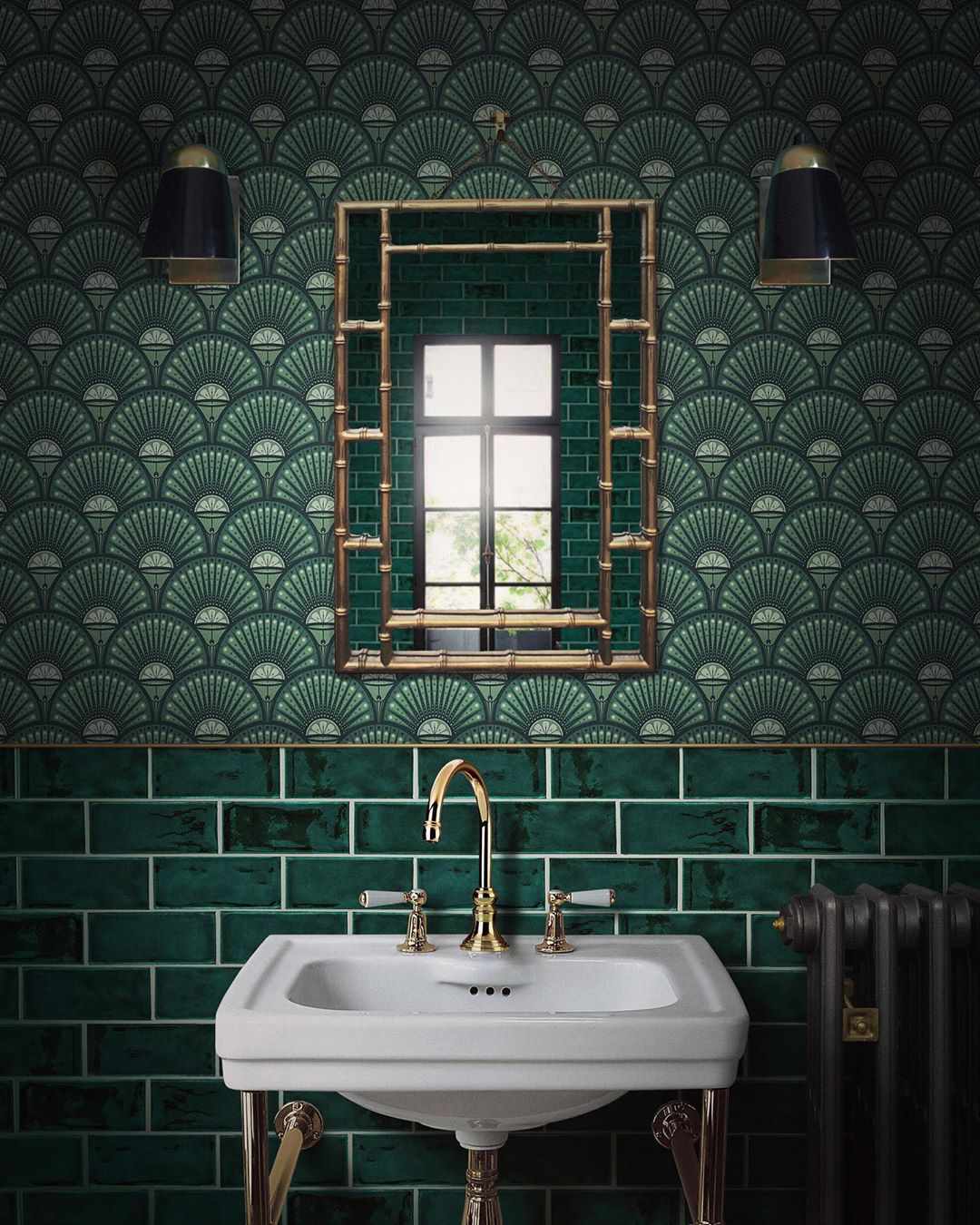 Banheiro com papel de parede verde escuro