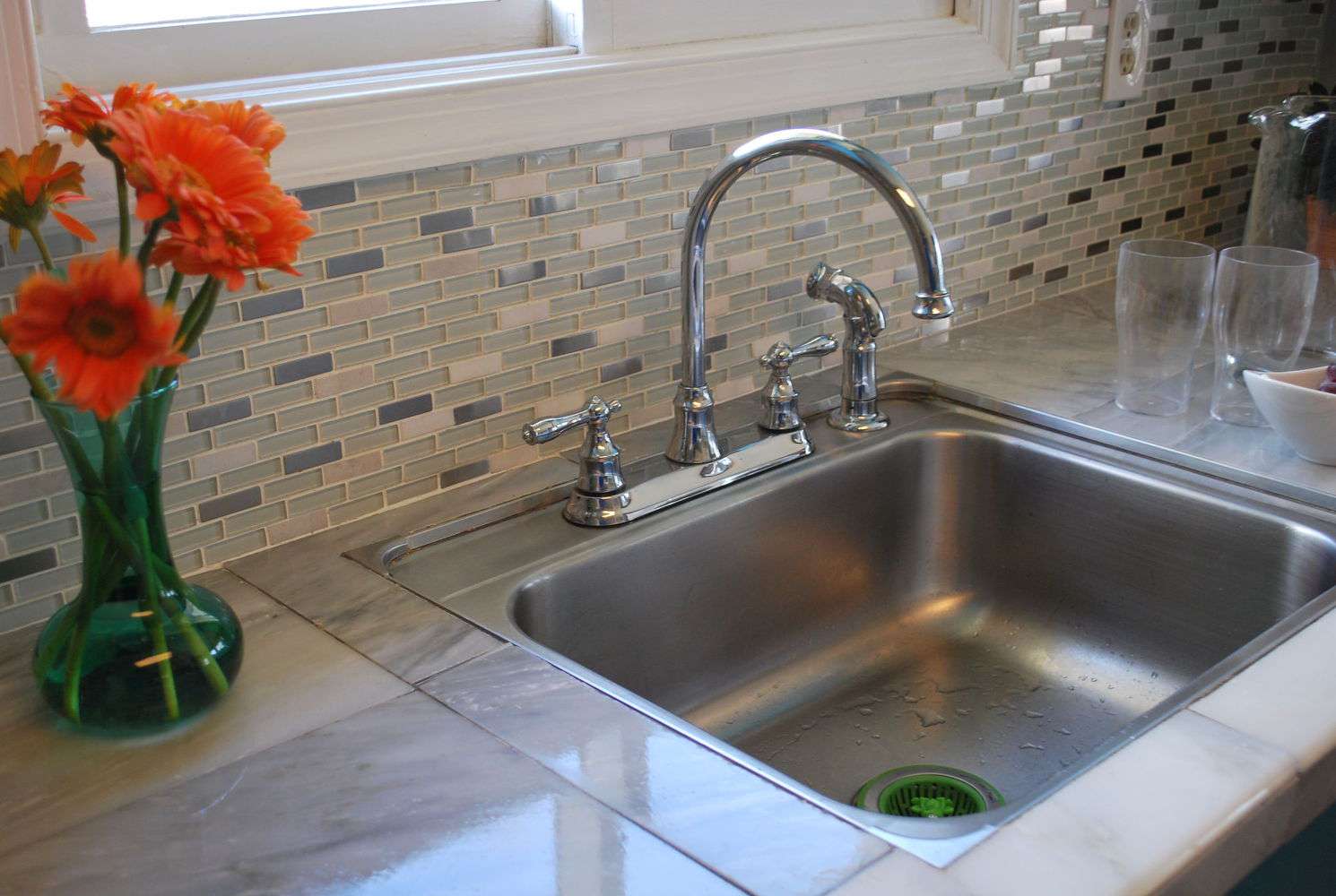 Countertop covered with Marble floor tiles