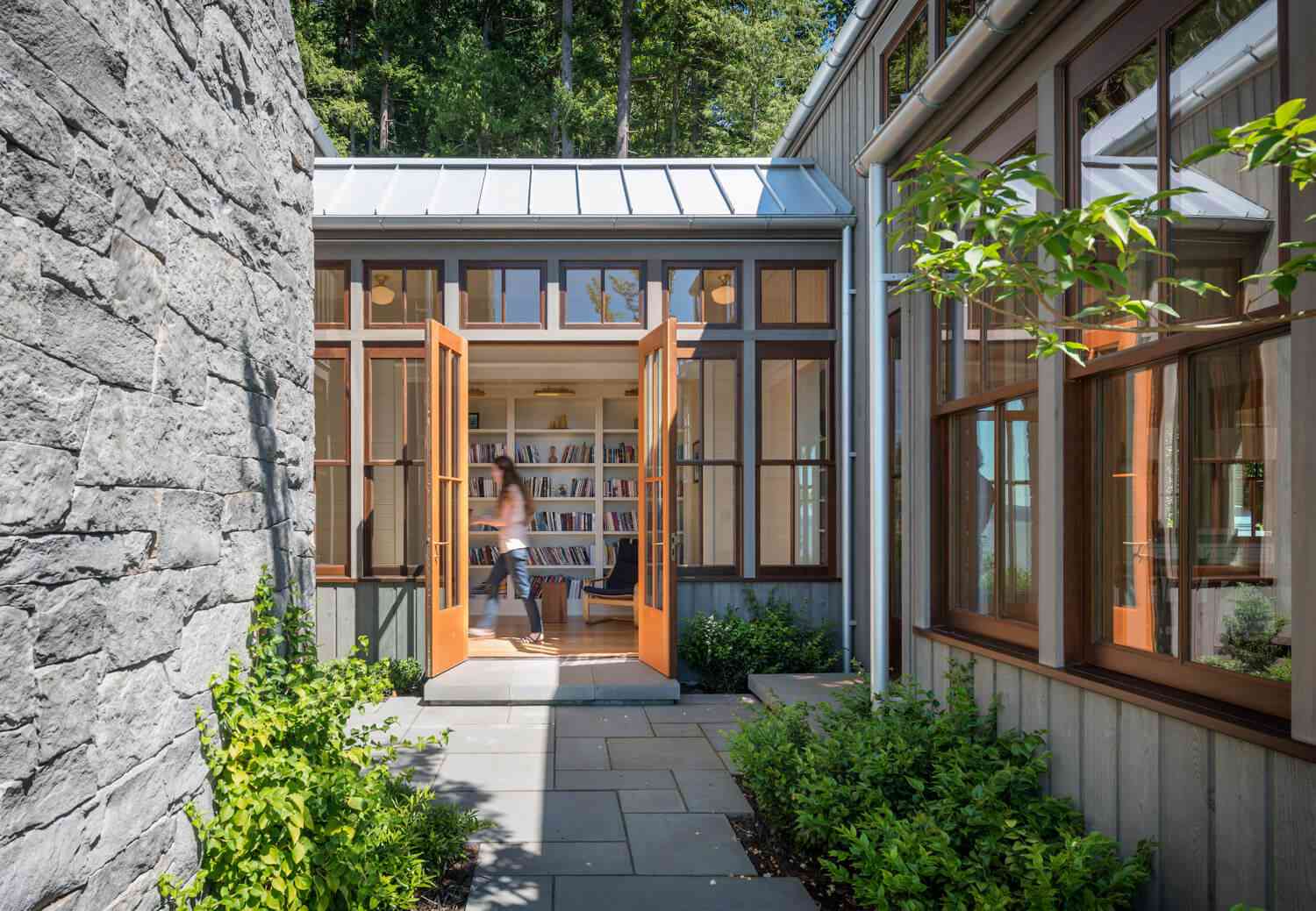 breezeway with bookshelves 