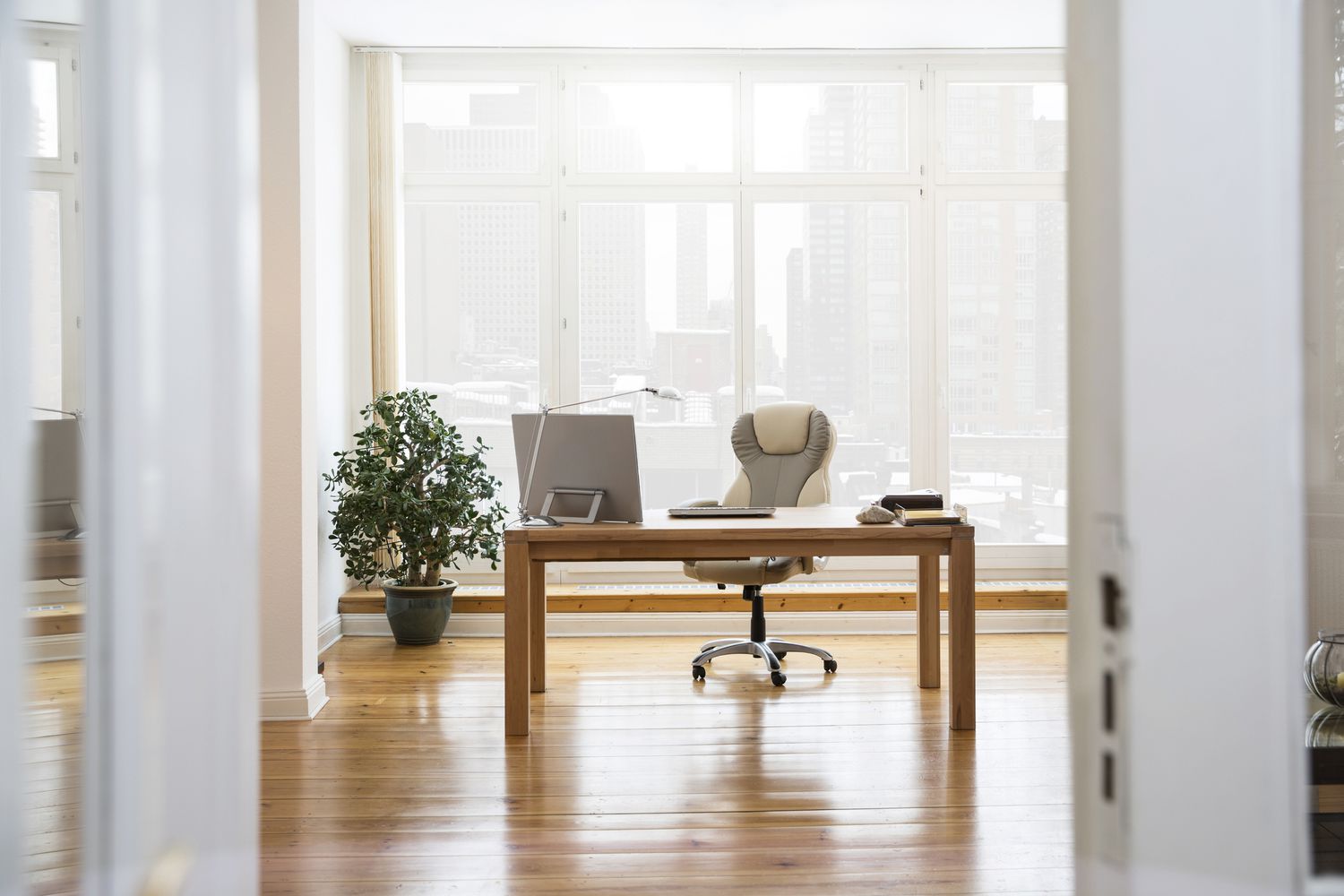 Geräumiges Büro mit Holzschreibtisch und Pflanze