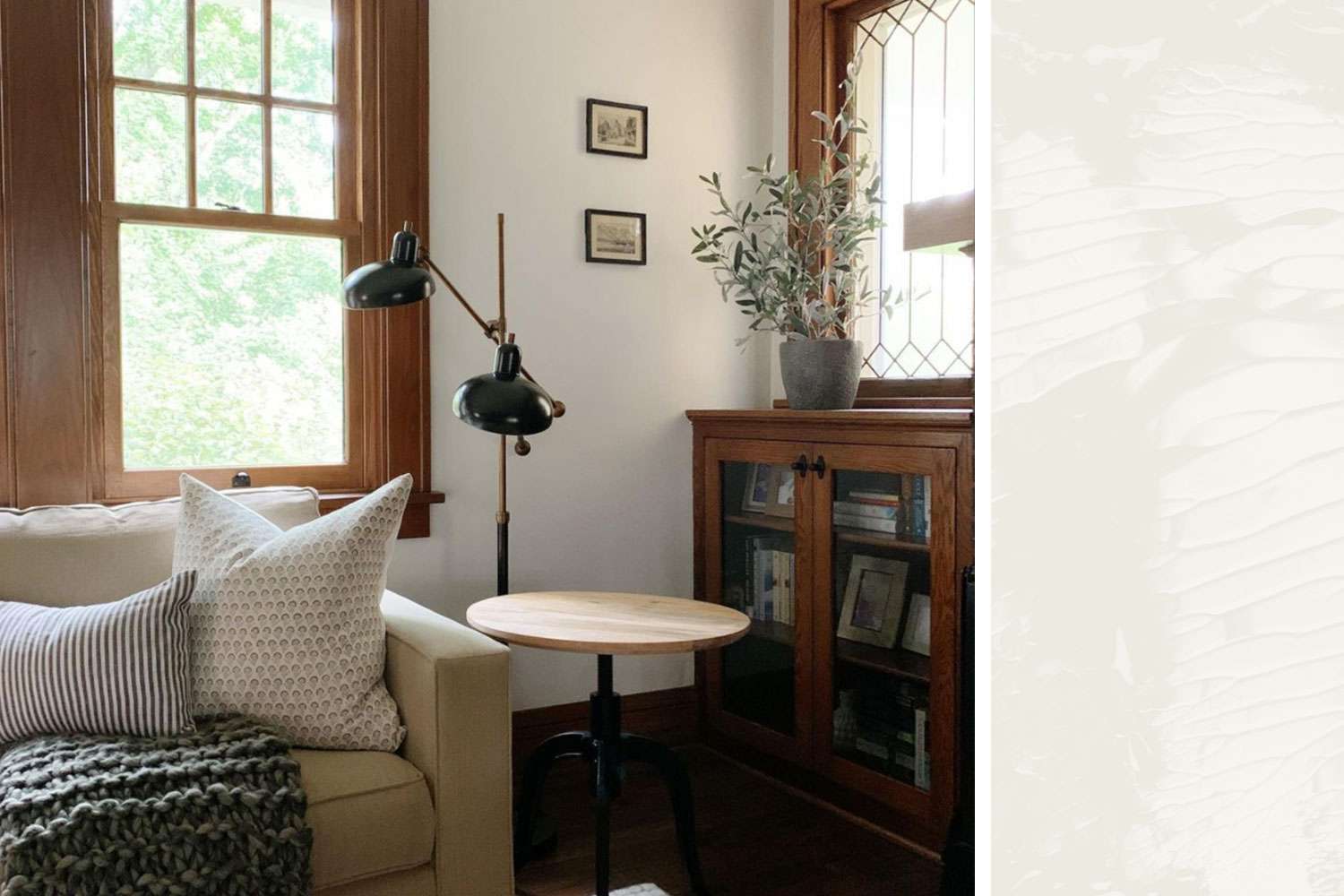 Sherwin Williams 'Alabaster' living room inspiration and paint swatch 