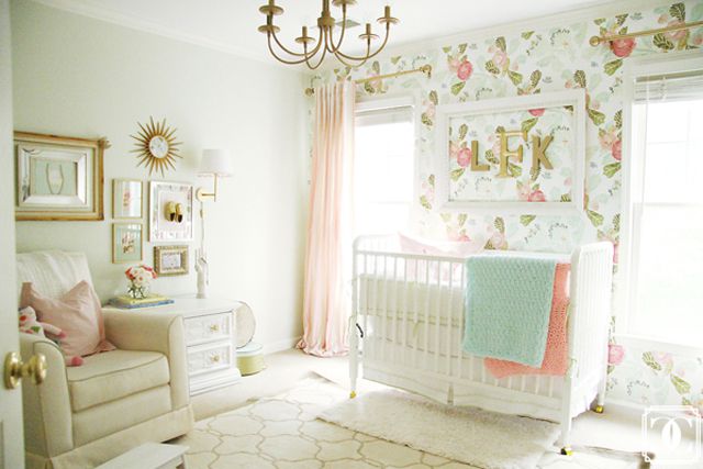 Vintage floral nursery in pink, green and gold.