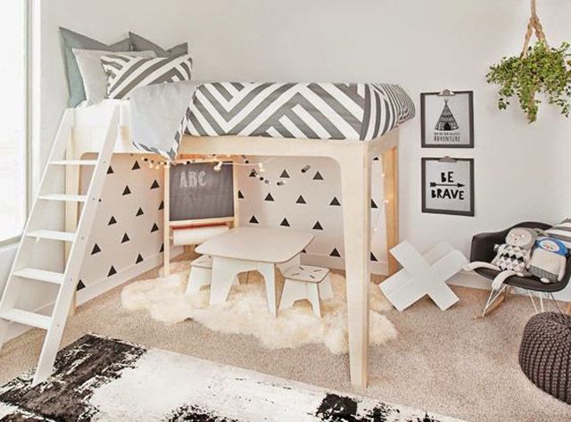 Kids room with loft bed and under-bed play zone