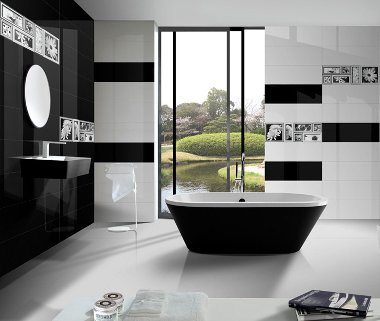 Banheiro elegante em preto e branco