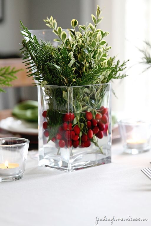 Cranberry centerpiece in square glass container
