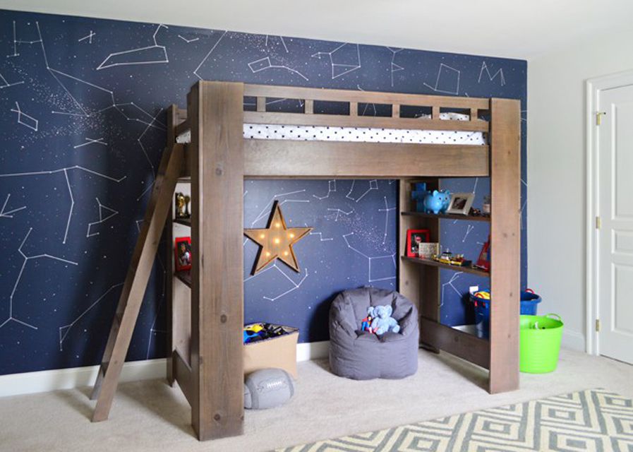 Sharpie Constellation wall in kids room with loft bed