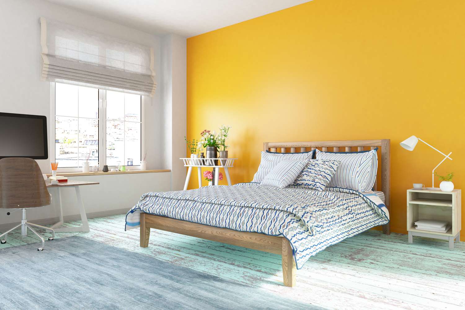 Ein modernes Schlafzimmer mit einer gelben Akzentwand