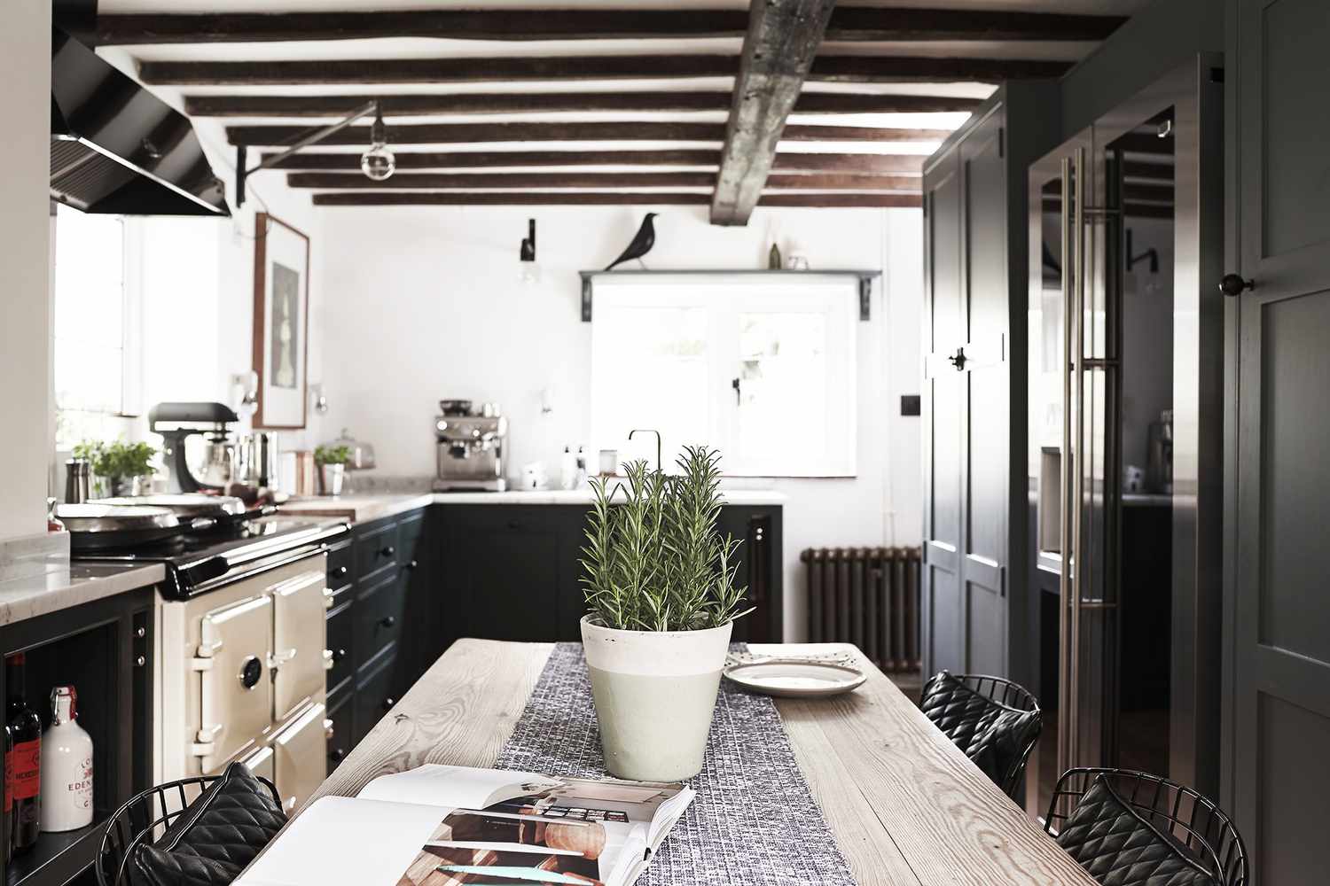 neutral kitchen with black cabinets