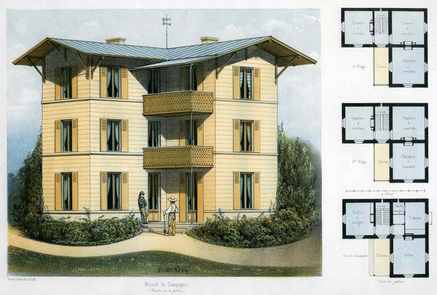 Illustration und Grundrisse für ein dreistöckiges Landhaus in der Nähe von Paris, Frankreich