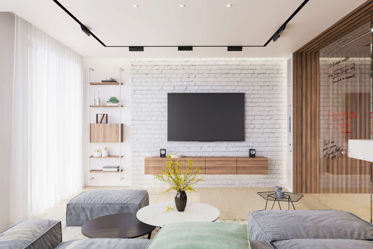 Un salón moderno con pared de ladrillo blanco y televisor montado