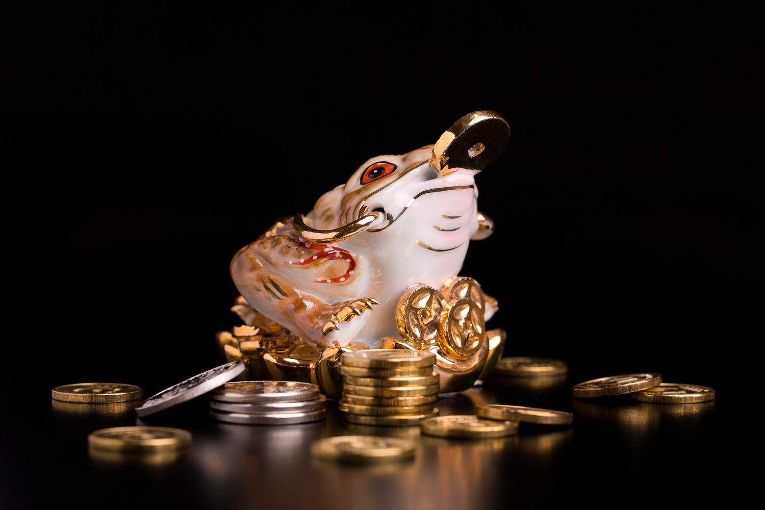 Figurine du crapaud financier du feng shui avec des pièces de monnaie chinoises