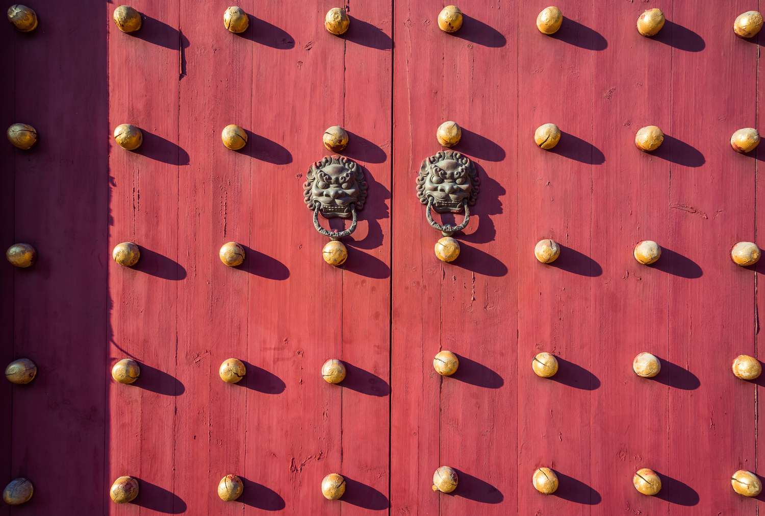 Par de manillas en forma de cabeza de león de color dorado sobre puertas rojas