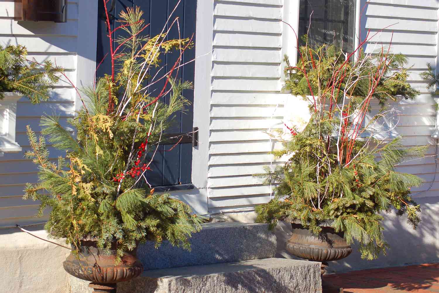 Des jardinières et des urnes avec de la verdure, des baies et des cornouillers habillent un perron à Noël (image).