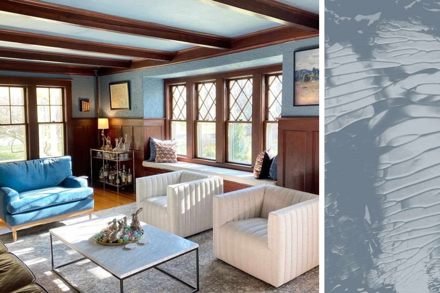 Benjamin Moore 'Normandy' inspiração e amostra de tinta para sala de estar