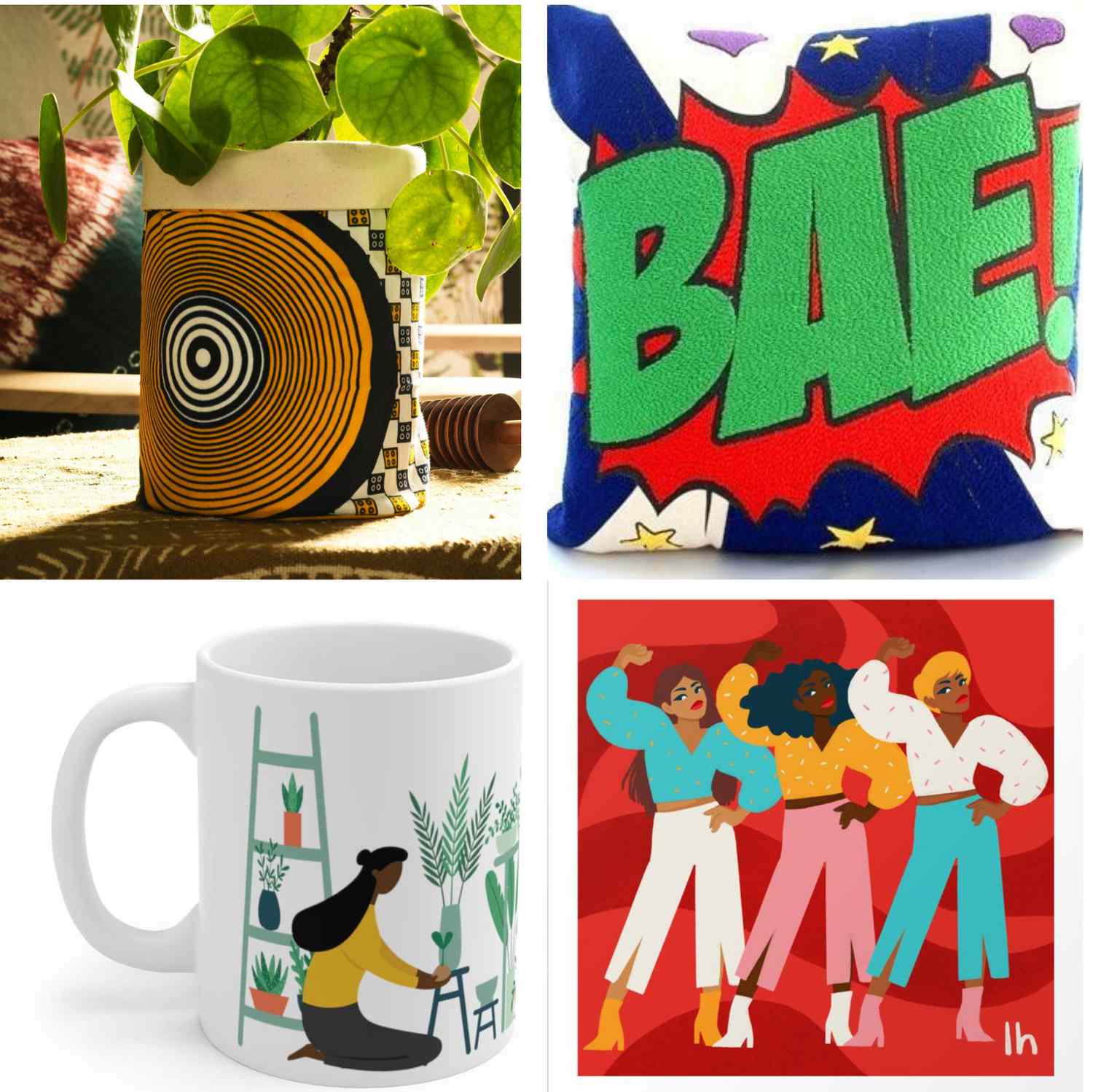 gift ideas from Black-owned businesses, including canvas pot, bae pillow cover, plant-lover's mug, ladies' night print