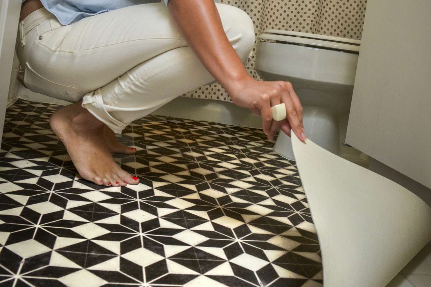 geometric black and white vinyl floor cloth