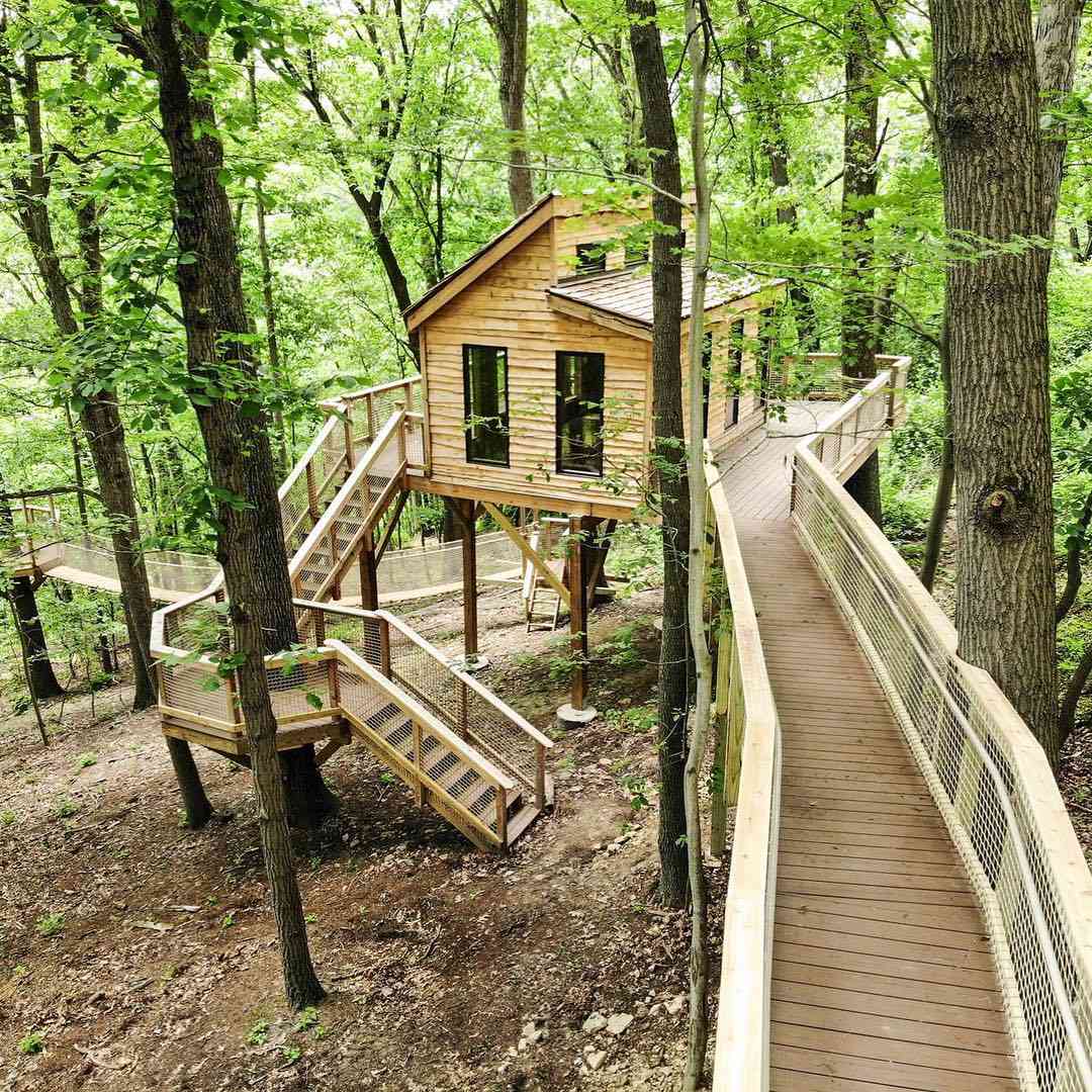 Grande casa na árvore com passarelas sinuosas