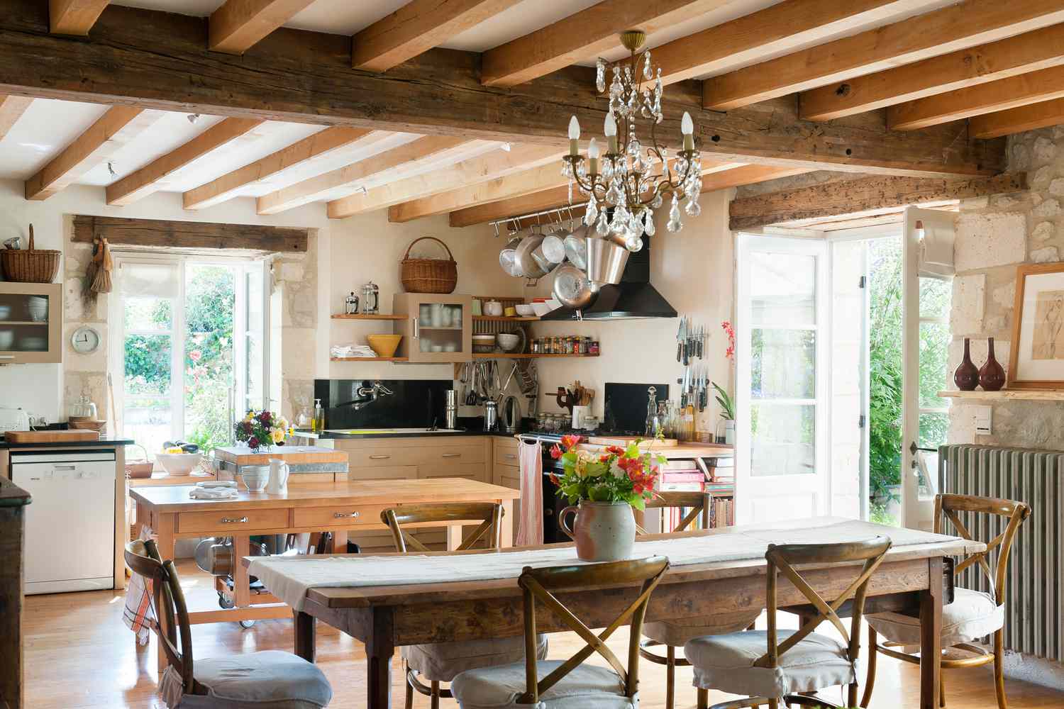 French country kitchen with chandelier 
