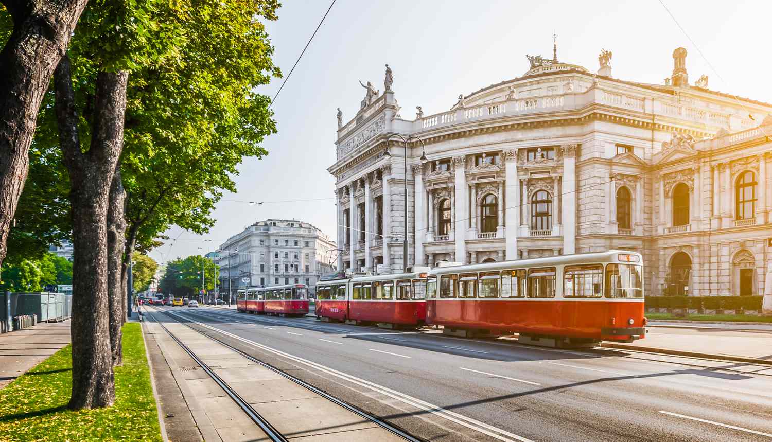 Wiener Ringstrasse com o Burgtheater e o bonde ao nascer do sol, Viena, Áustria