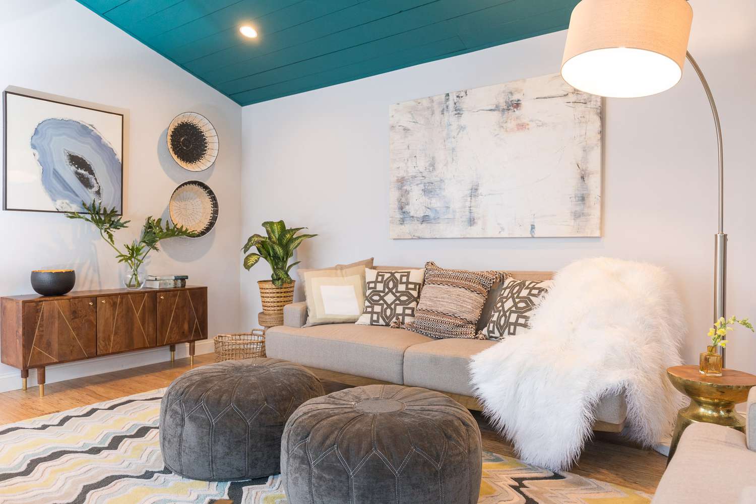 Teal shiplap ceiling in scandi inspired living room