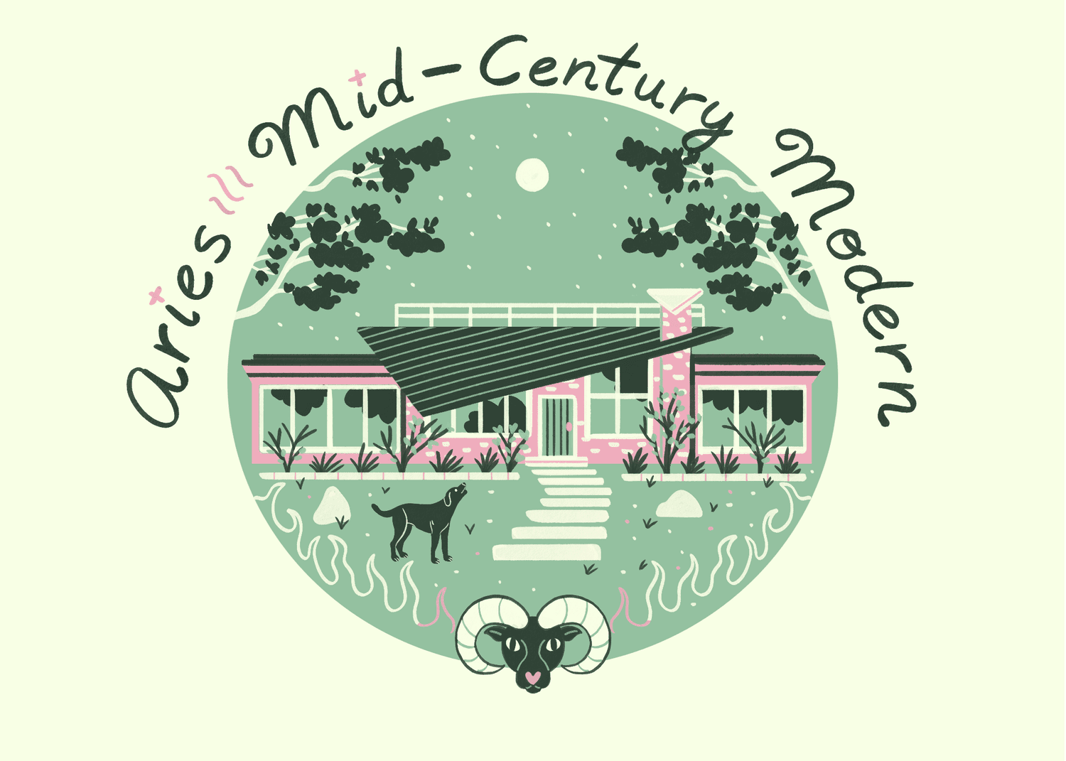 An illustration of a mid-century modern house for aries