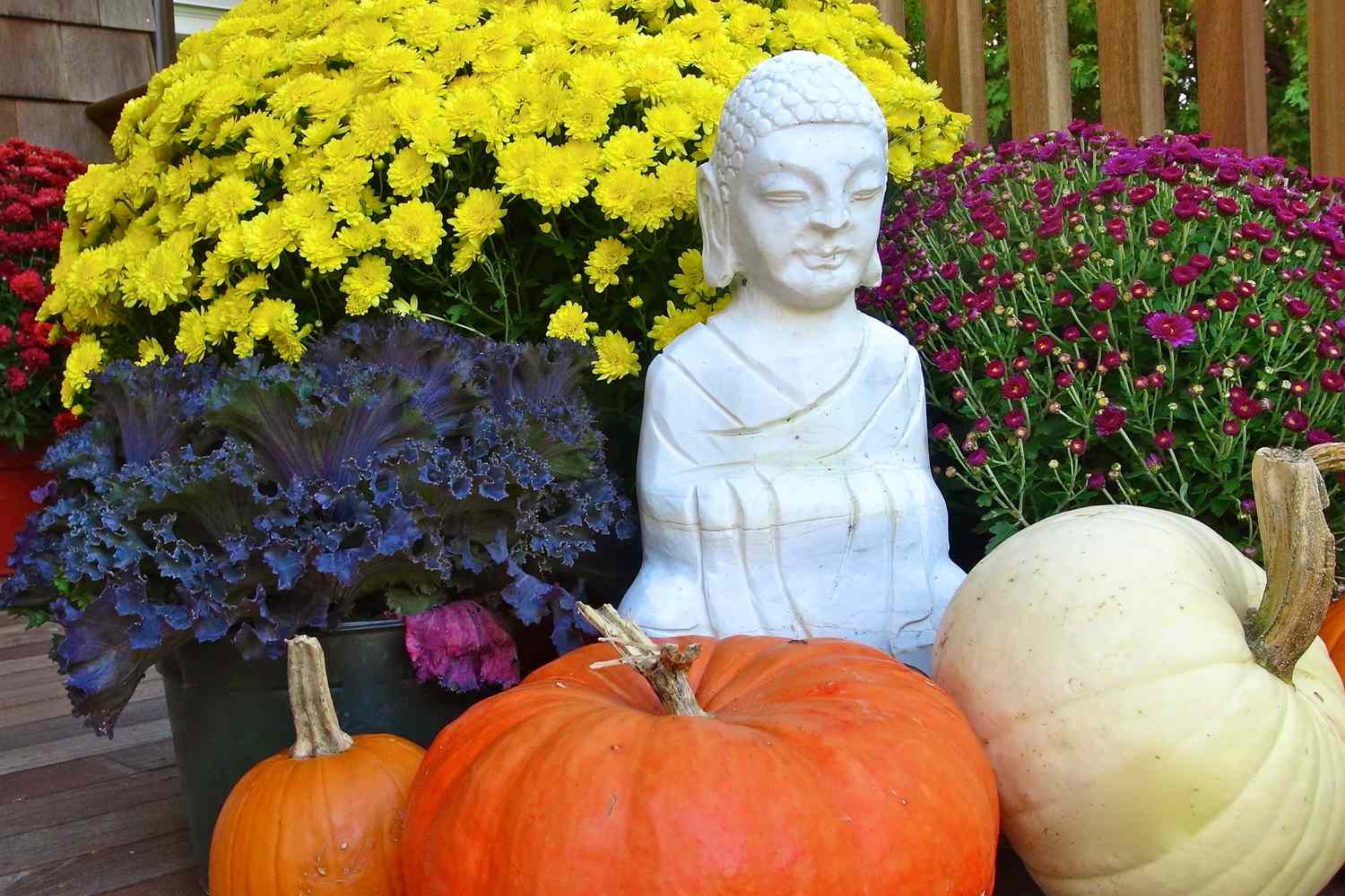 Bunte Herbstblumen vor der Veranda mit Buddha