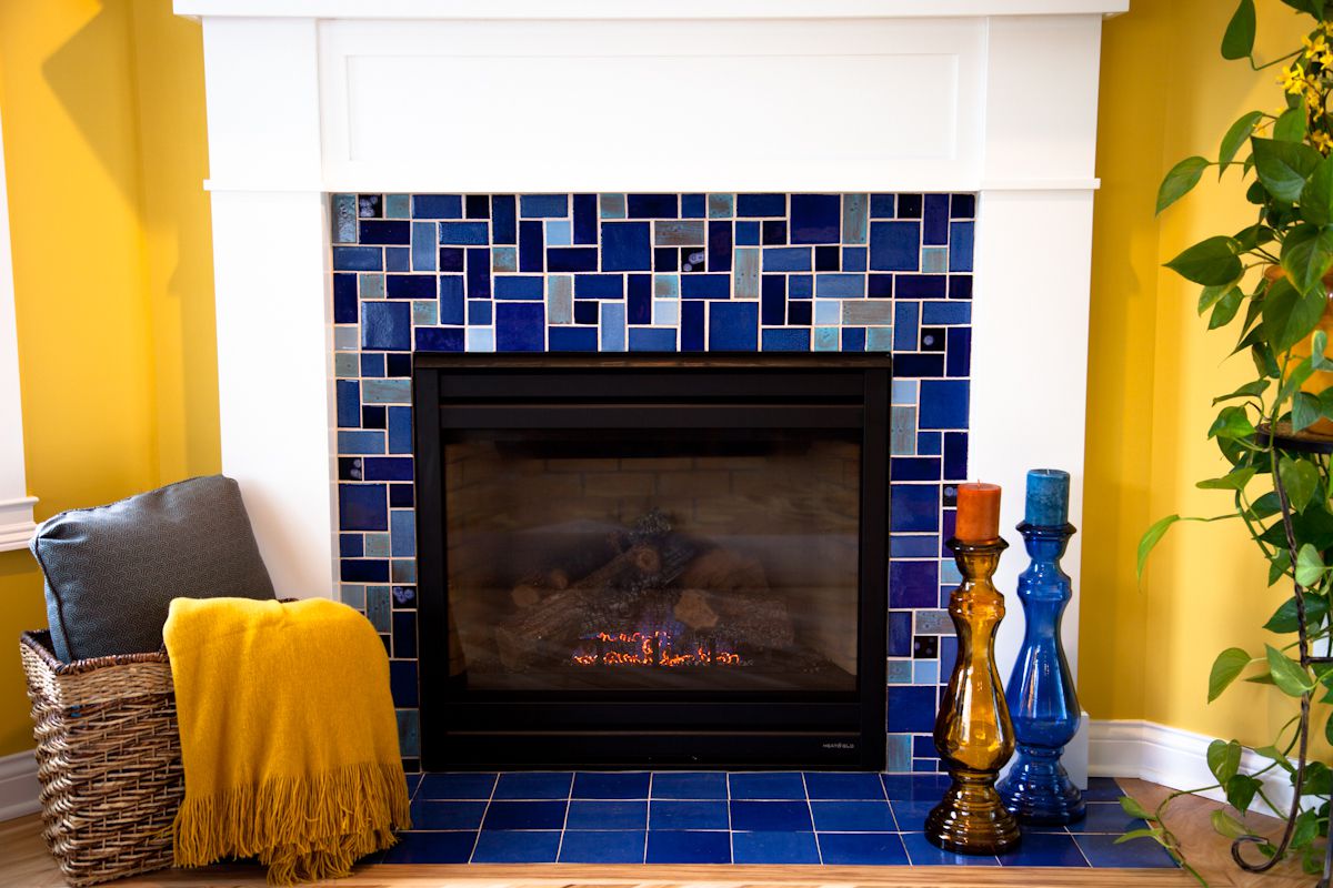 blue ceramic tile fireplace