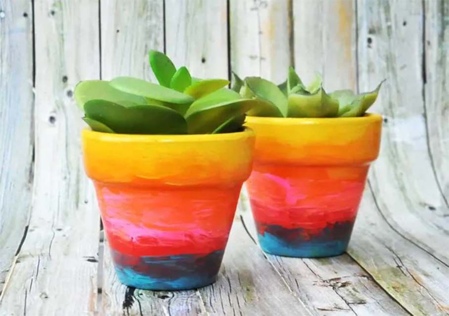 Rainbow colored flower pots