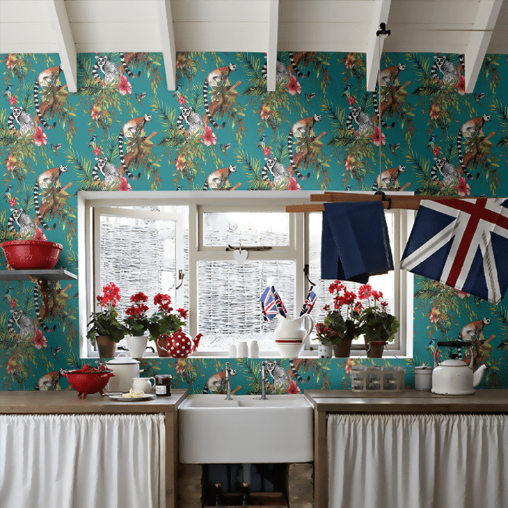 teal wallpaper with whimsical floral print 
