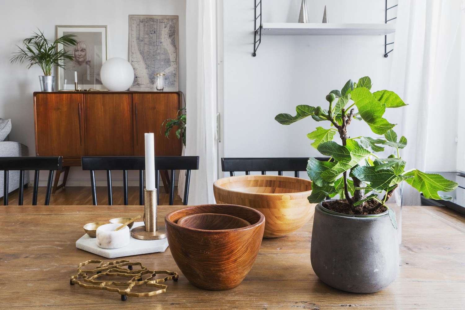 wood bowls next to a small potted plant