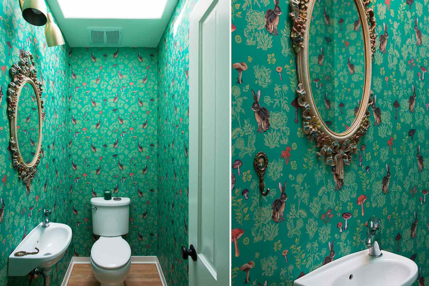 Salle de bain verte avec papier peint lapin
