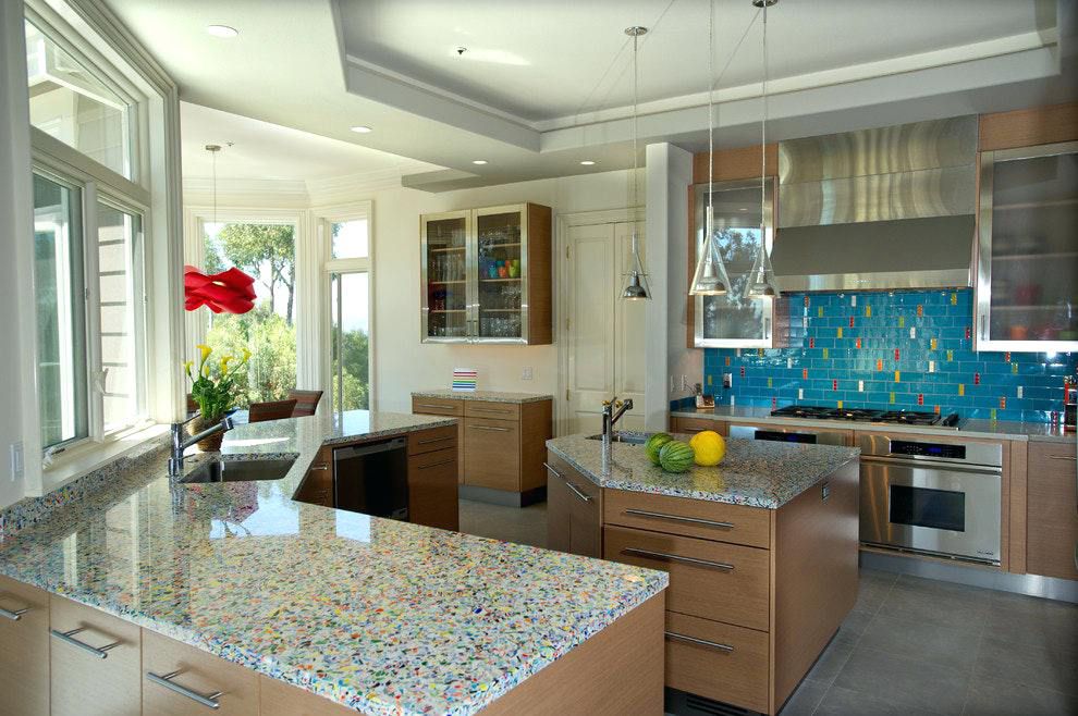 confetti style recycled glass countertop