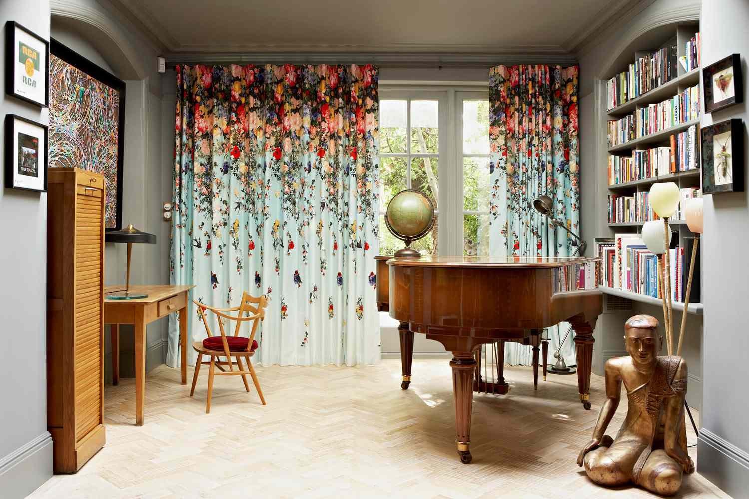 colorful curtains in neutral den