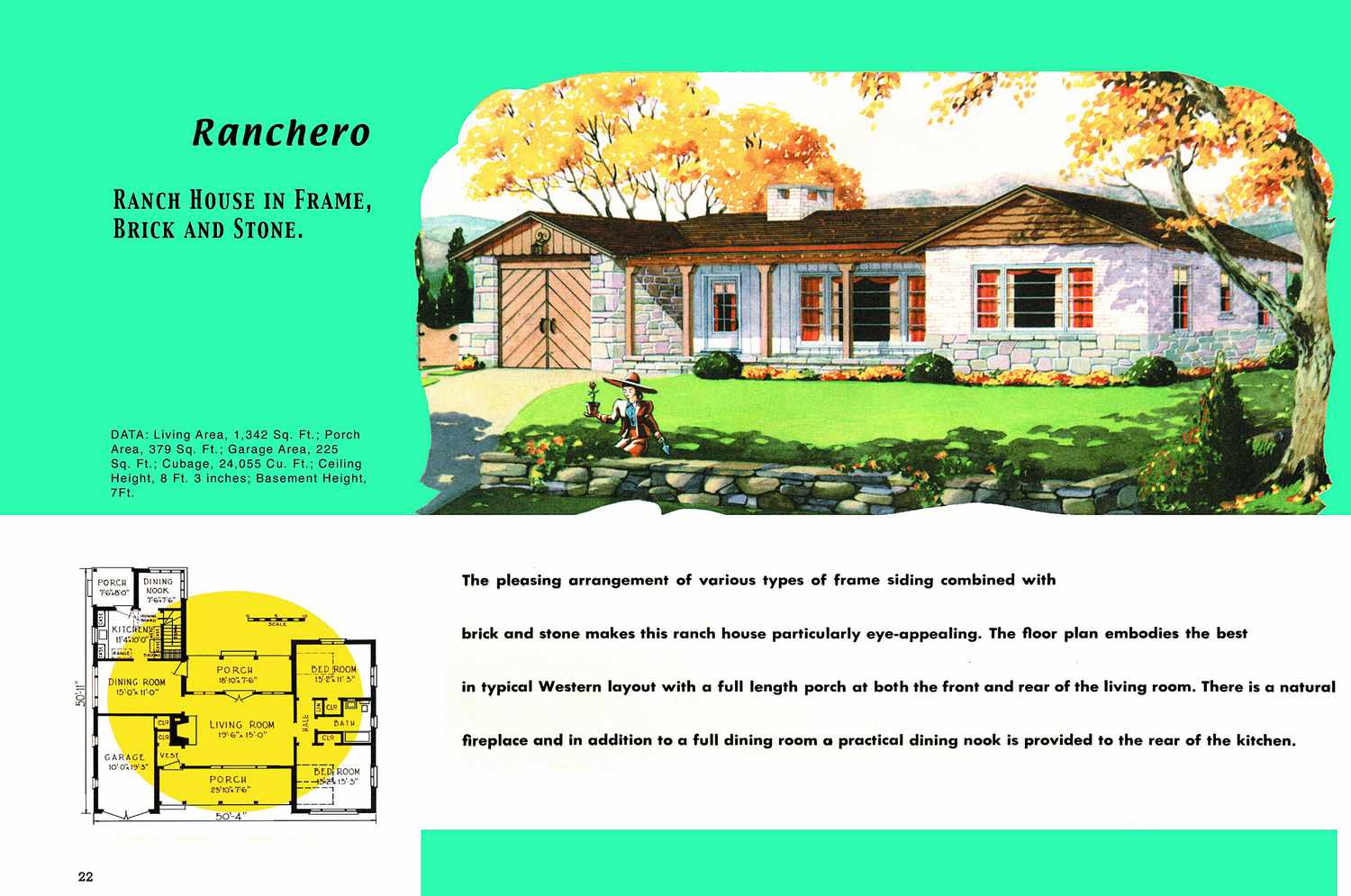 Plano de planta de los años 50 y representación de casa estilo rancho acertadamente llamada Ranchero