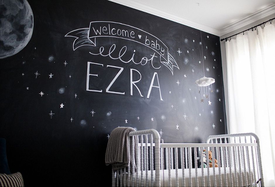Space-themed nursery with chalk wall mural